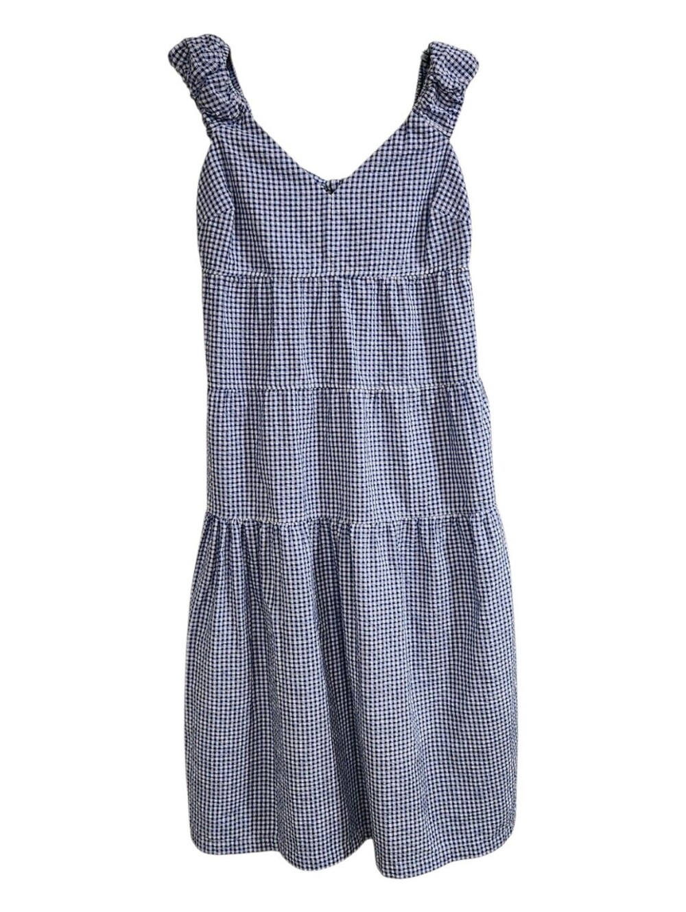 Old Navy Blue Gingham Tiered Midi Dress Womens Medium Seersucker Sundress